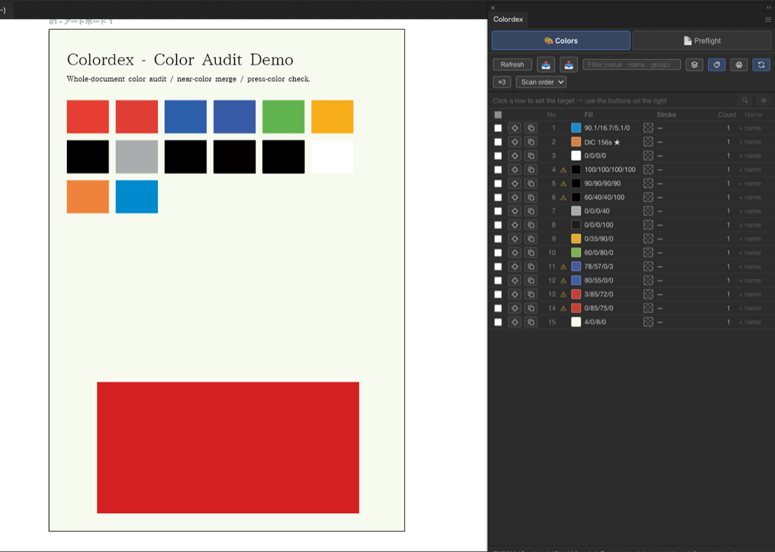 The Colordex panel beside an Illustrator document, listing every color with object counts, a spot color marked ★ and near-duplicates marked ⚠.