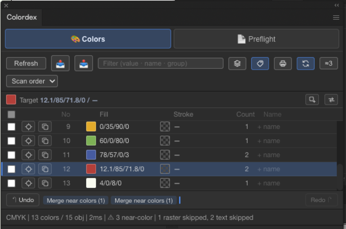 After merging: the near-duplicates collapsed into a single color and the count updates.
