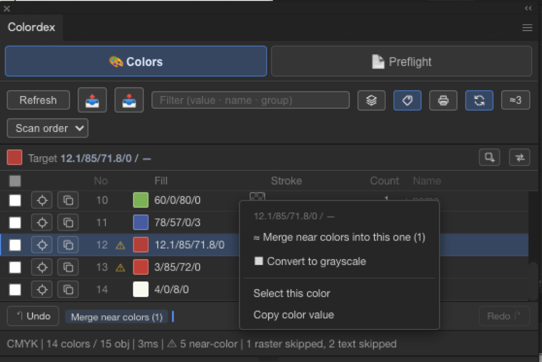 Right-click the color to keep; both near-duplicate colors are visible in the list, with Merge near colors in the menu.