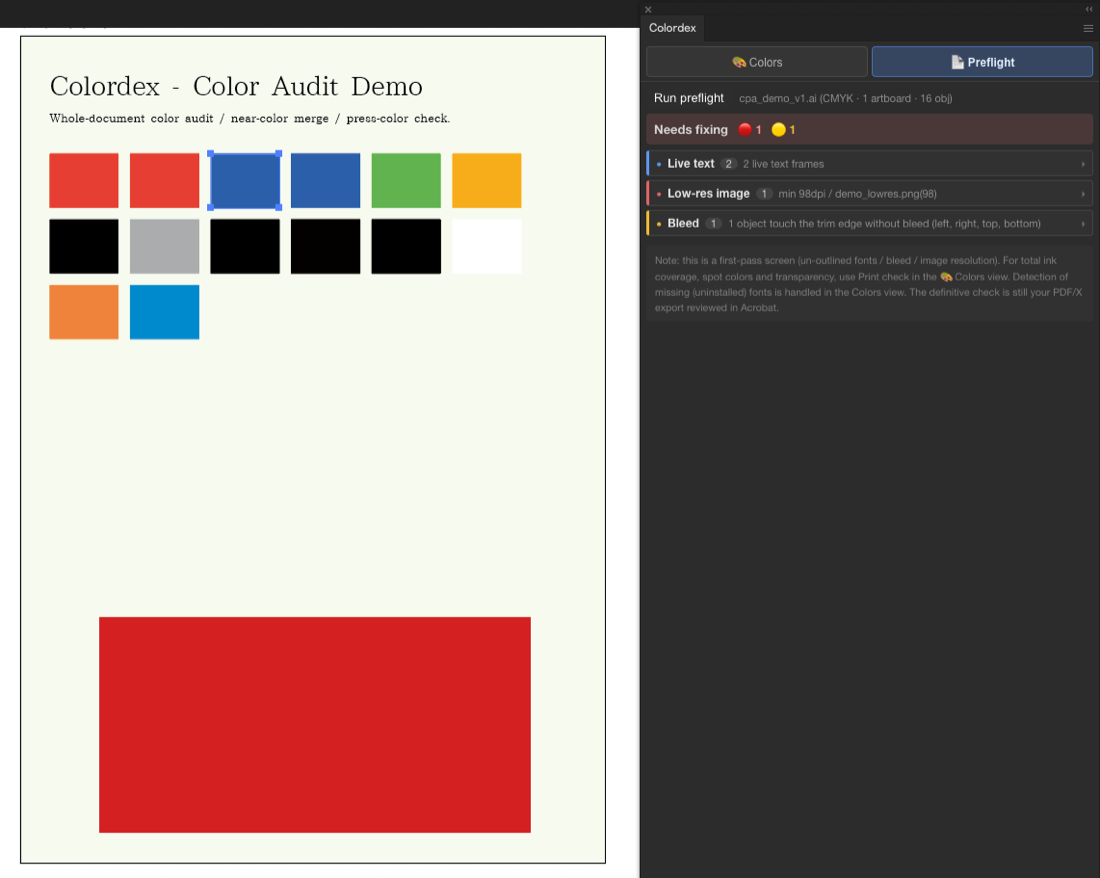 The Preflight view listing fonts, bleed and image-resolution findings, with a Select button to jump to a low-resolution image.