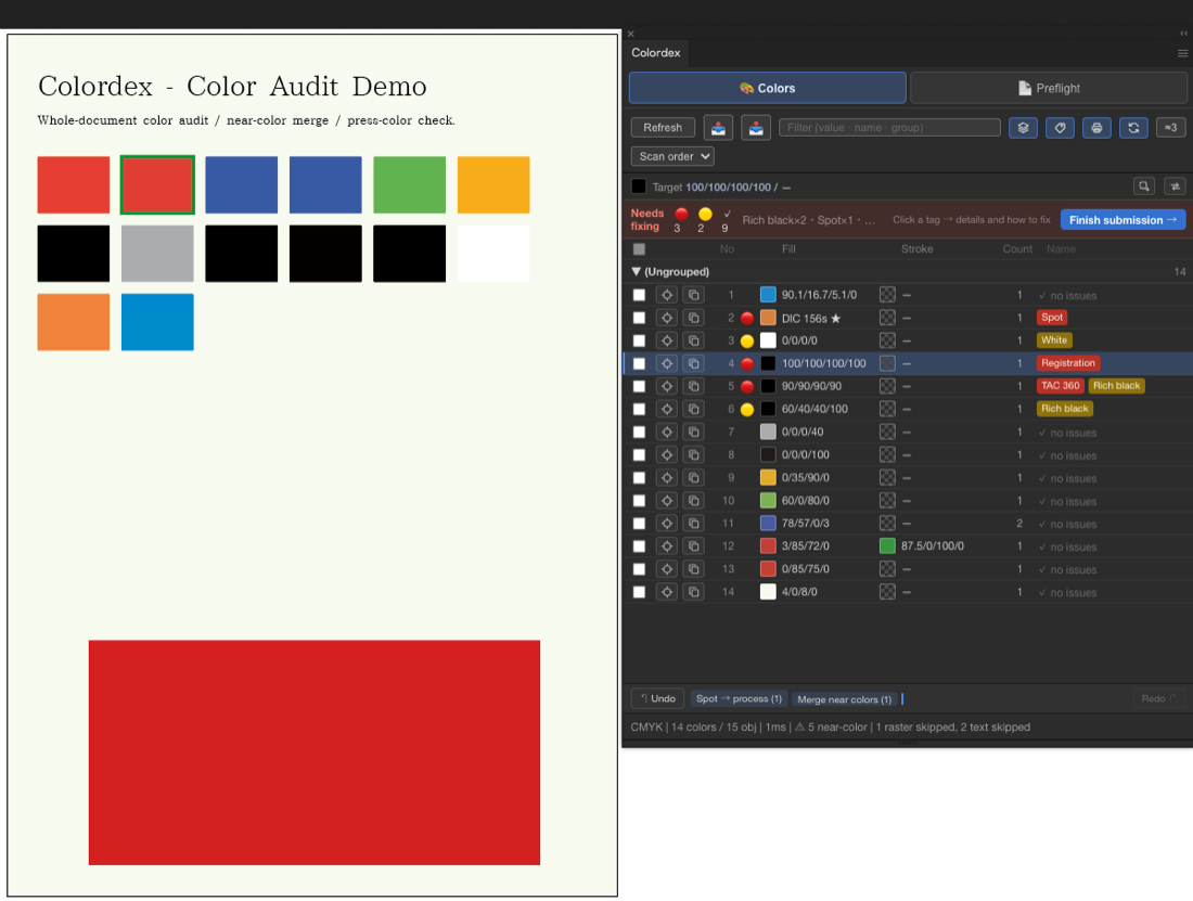 With Print check on, problem colors are flagged 🔴/🟡 with a summary at the top of the list.