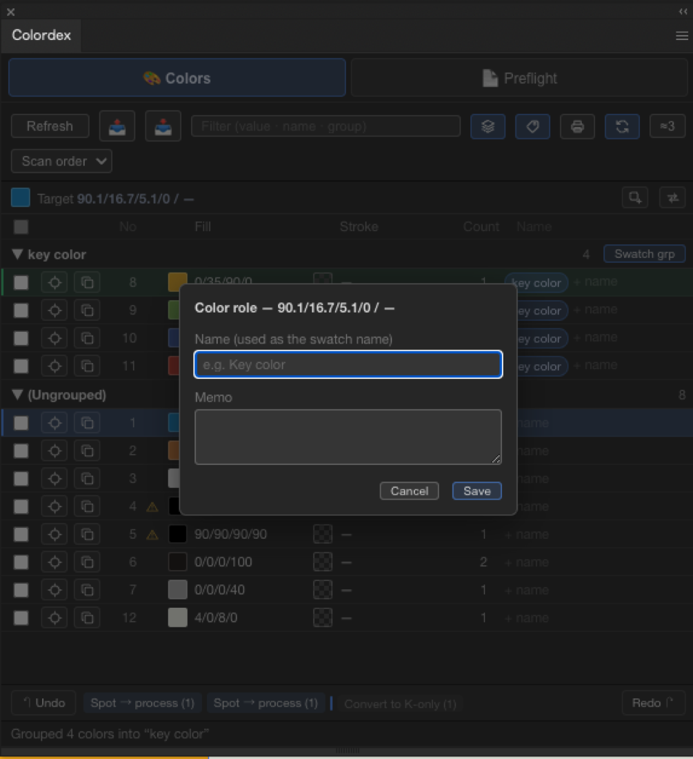The role editor, giving a color a name, memo and group that save into the .ai file.