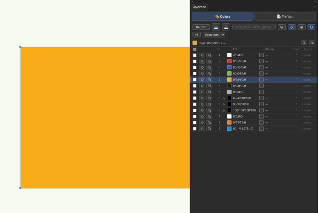 Clicking Sel selects every object using a color on the canvas and zooms to fit.